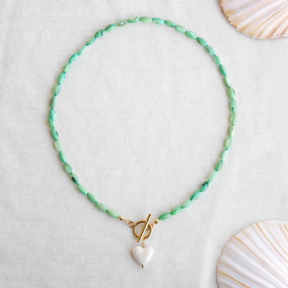 White heart necklace - green beaded shell bead toggle clasp jewelry gift for her