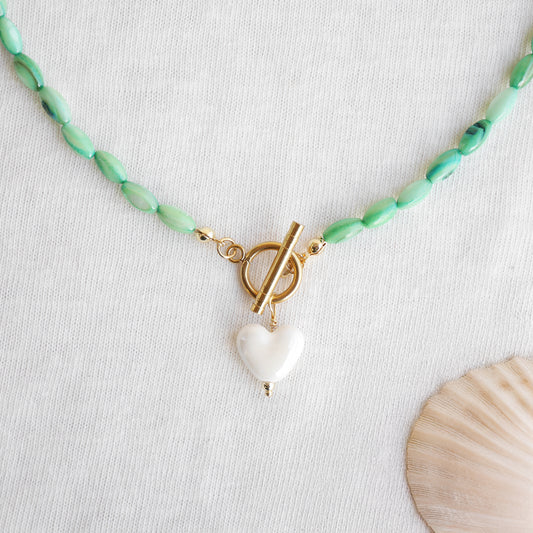 White heart necklace - green beaded shell bead toggle clasp jewelry gift for her