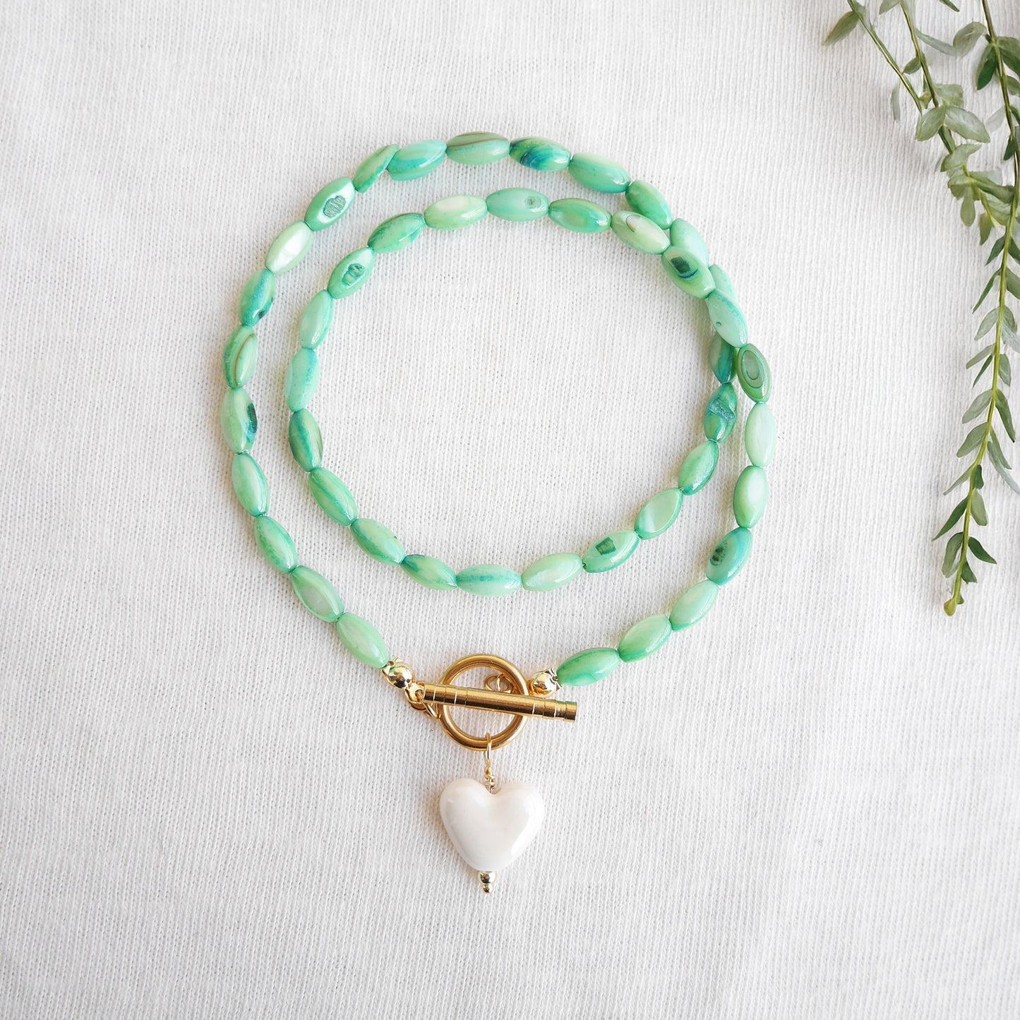 White heart necklace - green beaded shell bead toggle clasp jewelry gift for her