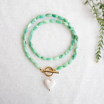 White heart necklace - green beaded shell bead toggle clasp jewelry gift for her