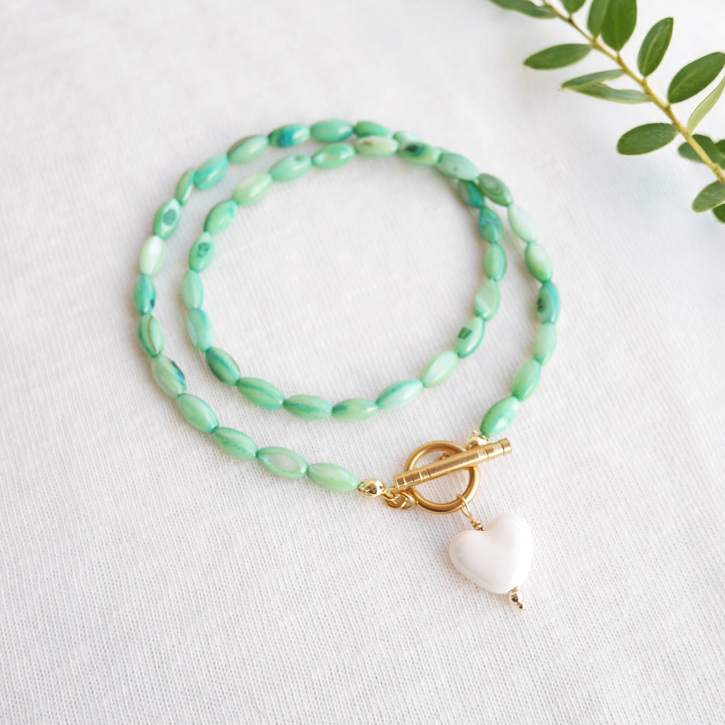 White heart necklace - green beaded shell bead toggle clasp jewelry gift for her