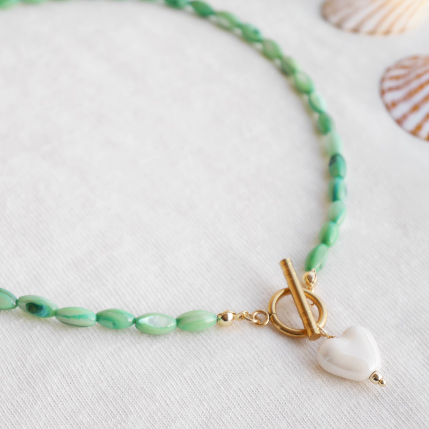 White heart necklace - green beaded shell bead toggle clasp jewelry gift for her