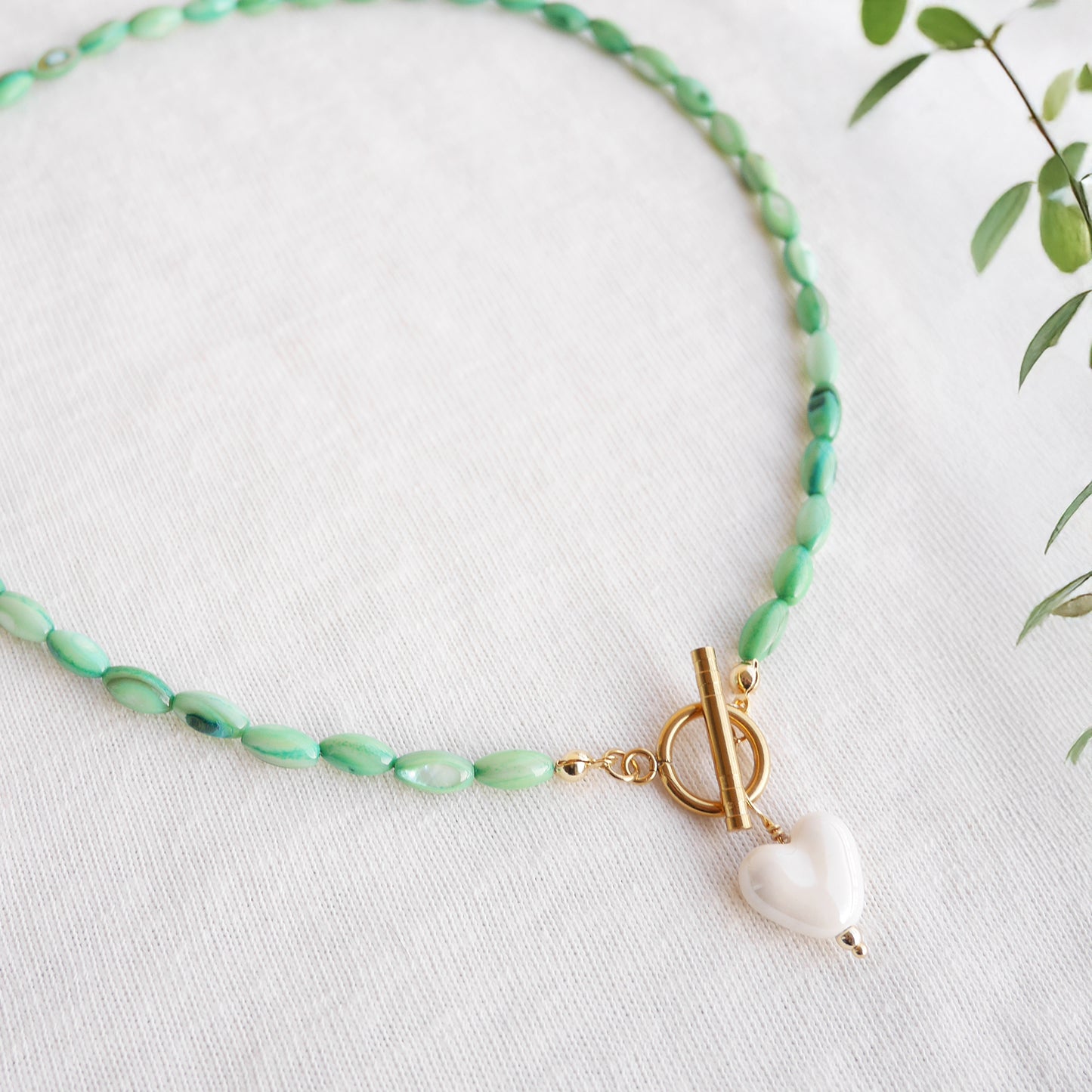White heart necklace - green beaded shell bead toggle clasp jewelry gift for her