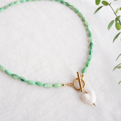White heart necklace - green beaded shell bead toggle clasp jewelry gift for her