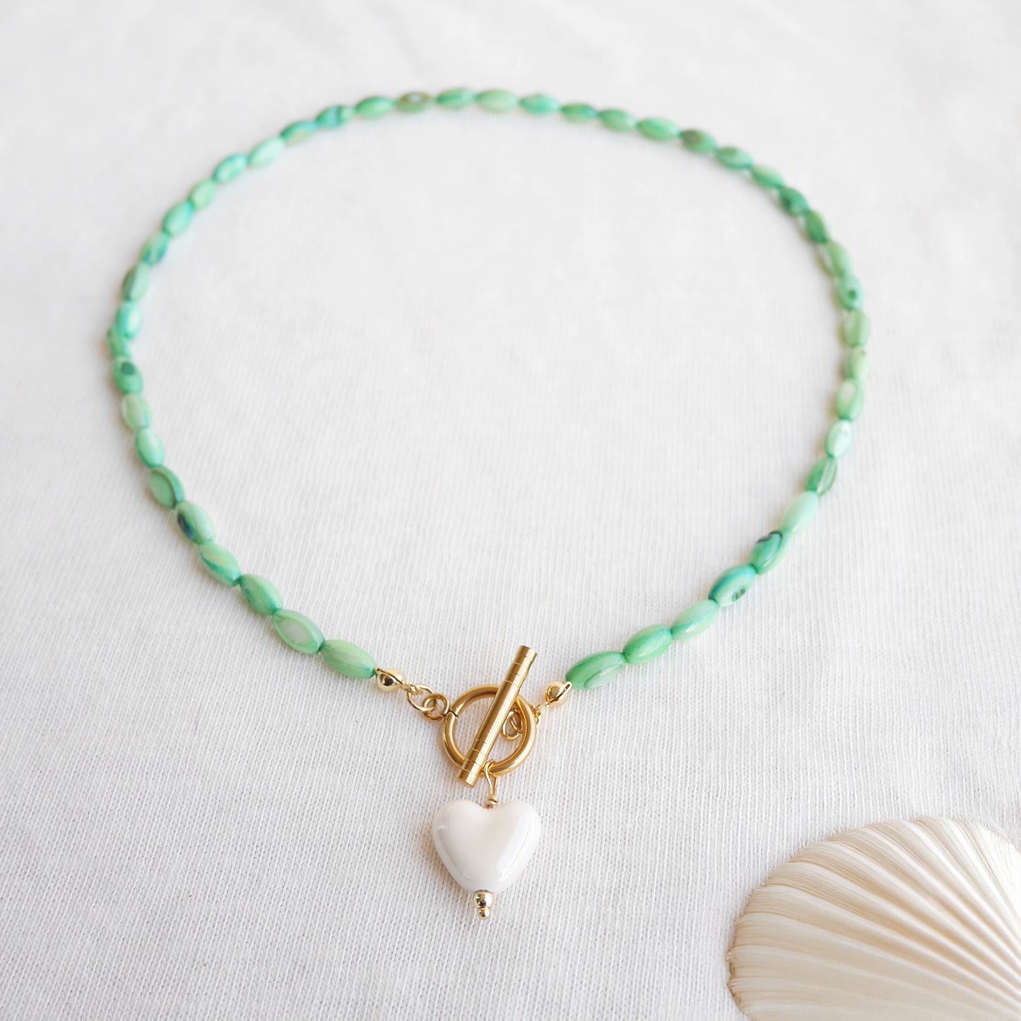 White heart necklace - green beaded shell bead toggle clasp jewelry gift for her