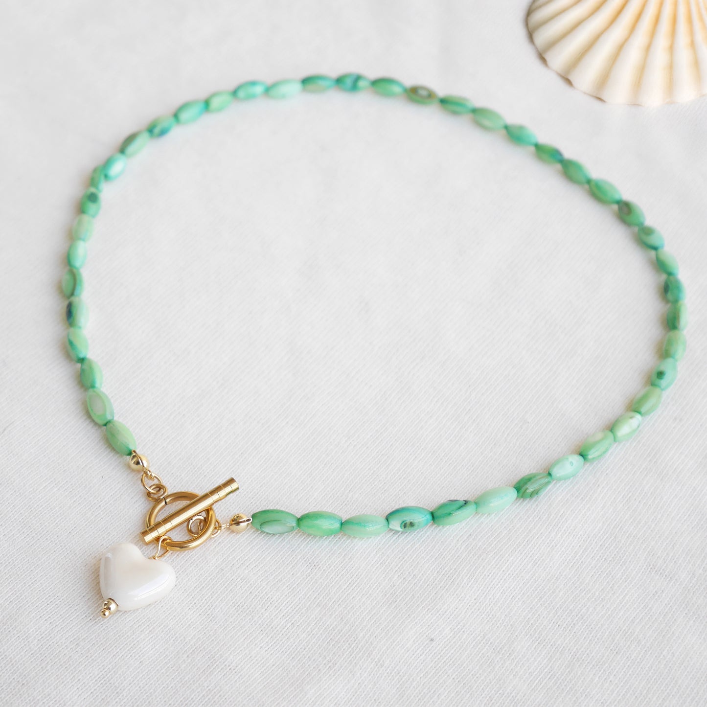 White heart necklace - green beaded shell bead toggle clasp jewelry gift for her