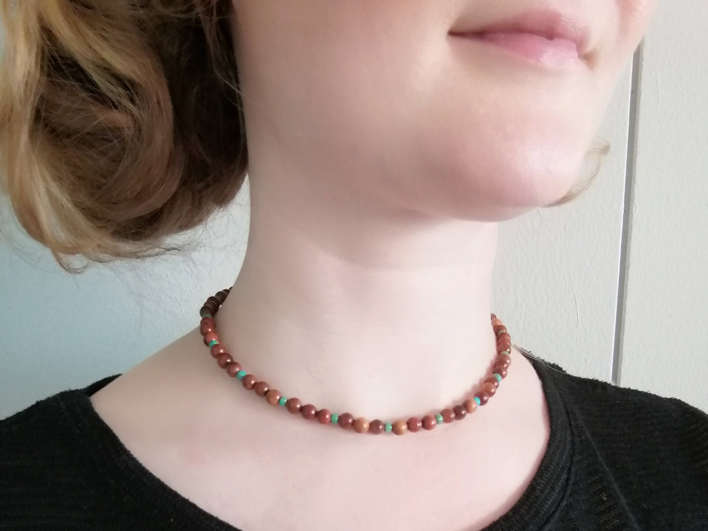 Wooden beaded necklace | Rosewood necklace | Wood beads and seafoam glass bead necklace for her | Wood bead gold necklace | Surfer necklace