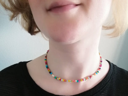 Colorful beaded necklace | Multicolor seed bead choker | Cute mixed glass beads and freshwater pearls jewelry | Handmade boho gift for her