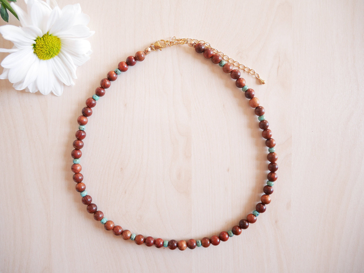 Wooden beaded necklace | Rosewood necklace | Wood beads and seafoam glass bead necklace for her | Wood bead gold necklace | Surfer necklace