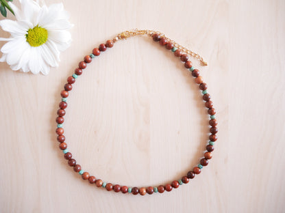 Wooden beaded necklace | Rosewood necklace | Wood beads and seafoam glass bead necklace for her | Wood bead gold necklace | Surfer necklace