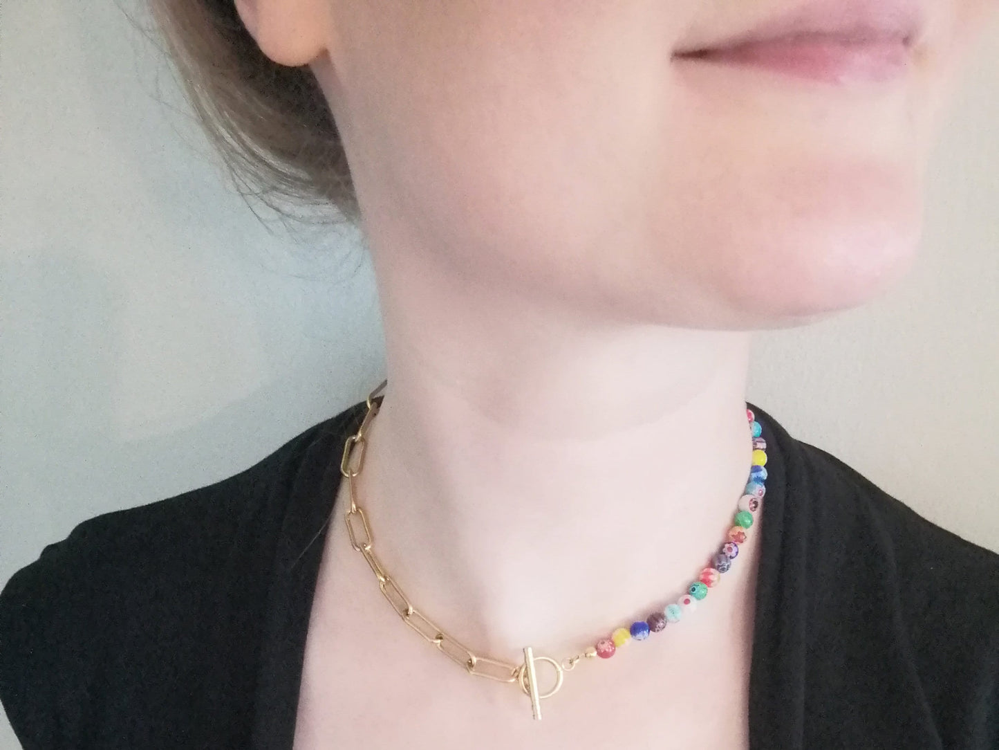 Half millefiori half chain necklace | Colorful beaded chain necklace | Millefiori necklace with chunky gold chain and colorful glass beads