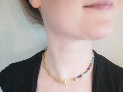 Half millefiori half chain necklace | Colorful beaded chain necklace | Millefiori necklace with chunky gold chain and colorful glass beads