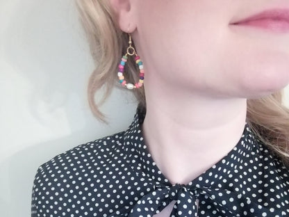 Colorful beads hoop earrings | Beaded boho earrings | Mixed color holiday bead earrings for her | Seed bead earrings with a freshwater pearl