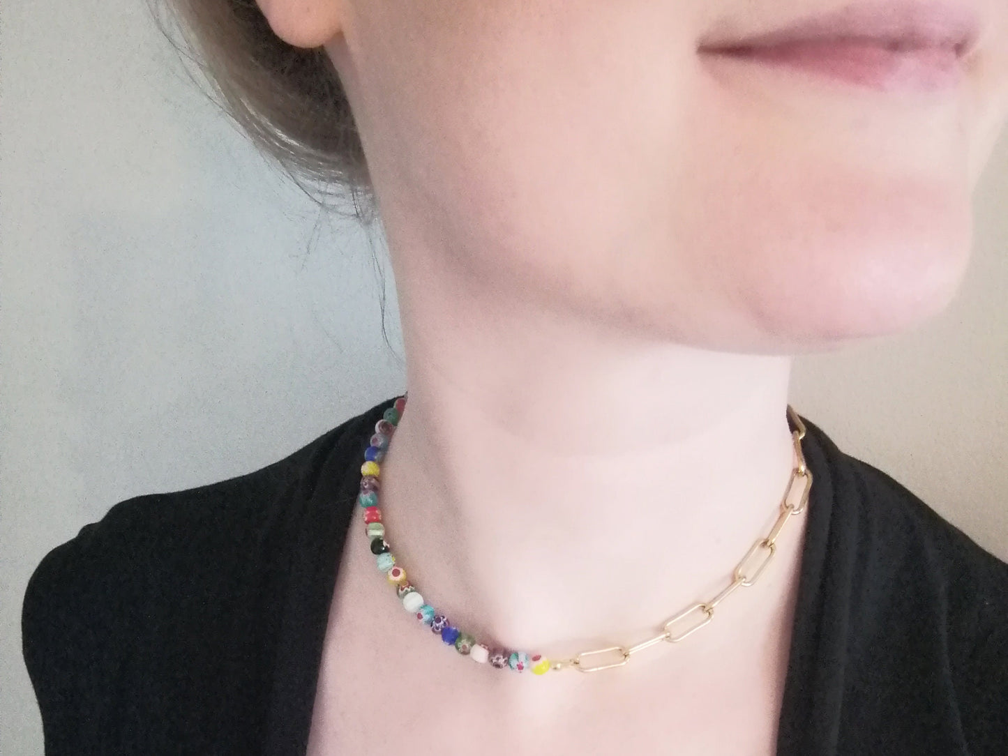 Half millefiori half chain necklace | Colorful beaded chain necklace | Millefiori necklace with chunky gold chain and colorful glass beads