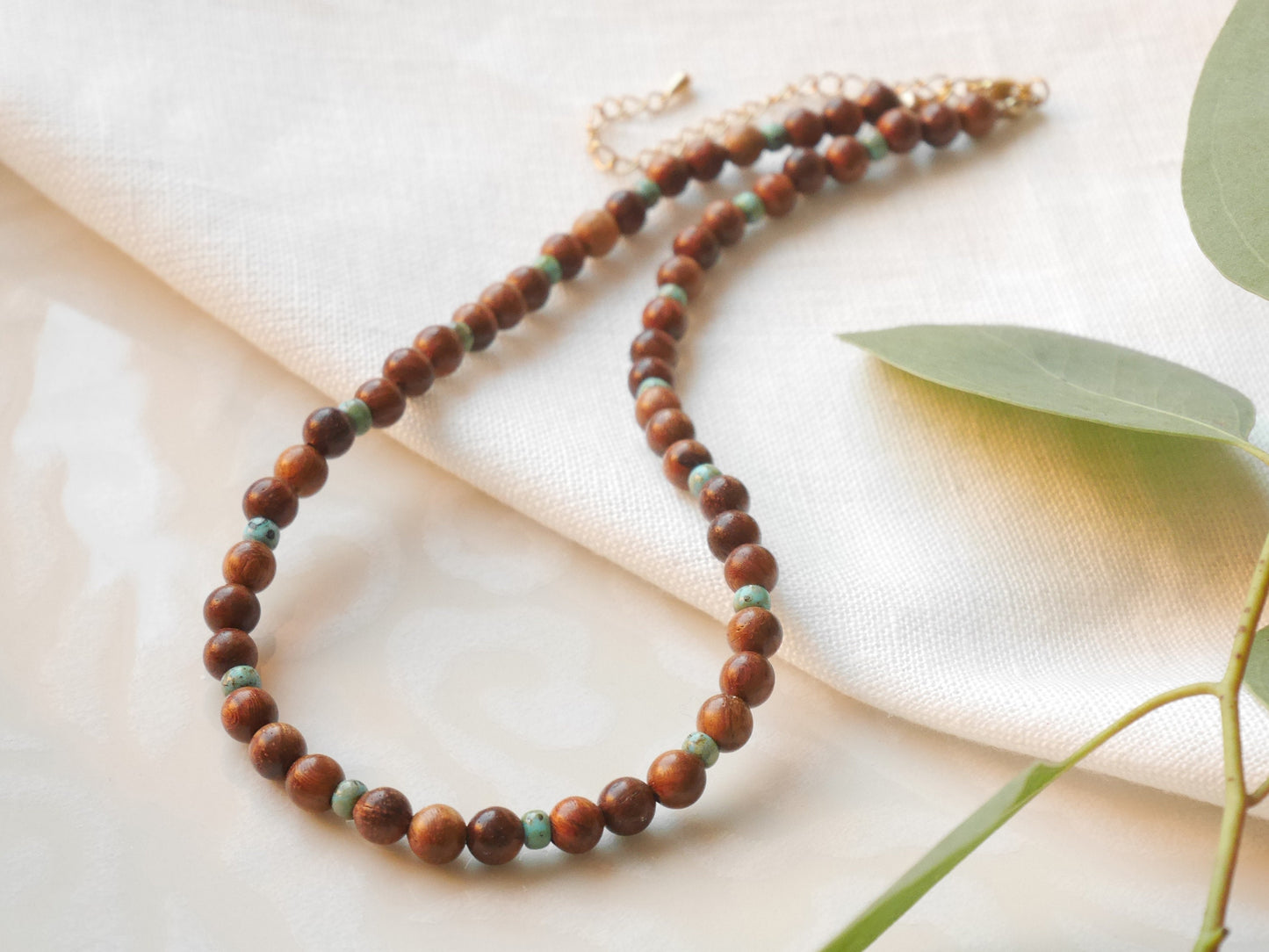 Wooden beaded necklace | Rosewood necklace | Wood beads and seafoam glass bead necklace for her | Wood bead gold necklace | Surfer necklace
