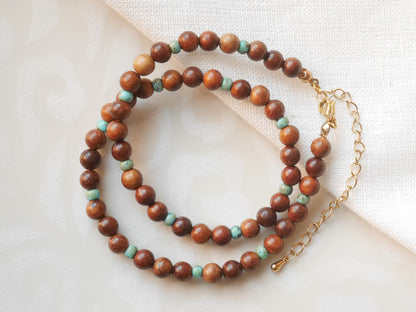 Wooden beaded necklace | Rosewood necklace | Wood beads and seafoam glass bead necklace for her | Wood bead gold necklace | Surfer necklace