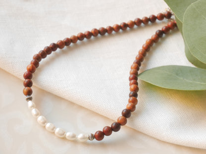 Wooden pearl necklace | Wood beads necklace | Country style beaded necklace with rosewood and freshwater pearls | Unisex country necklace