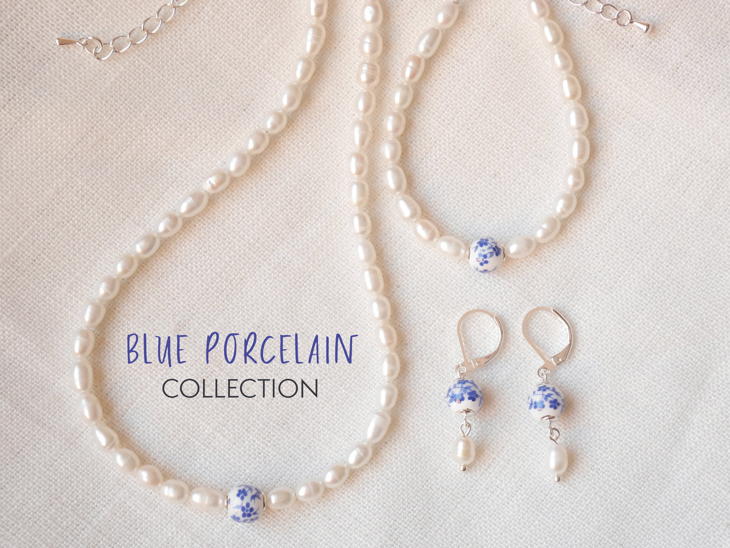 Blue porcelain pearl earrings | Dainty minimalist pearl earrings | Floral blue jewelry | Blue and white freshwater pearl drop earrings