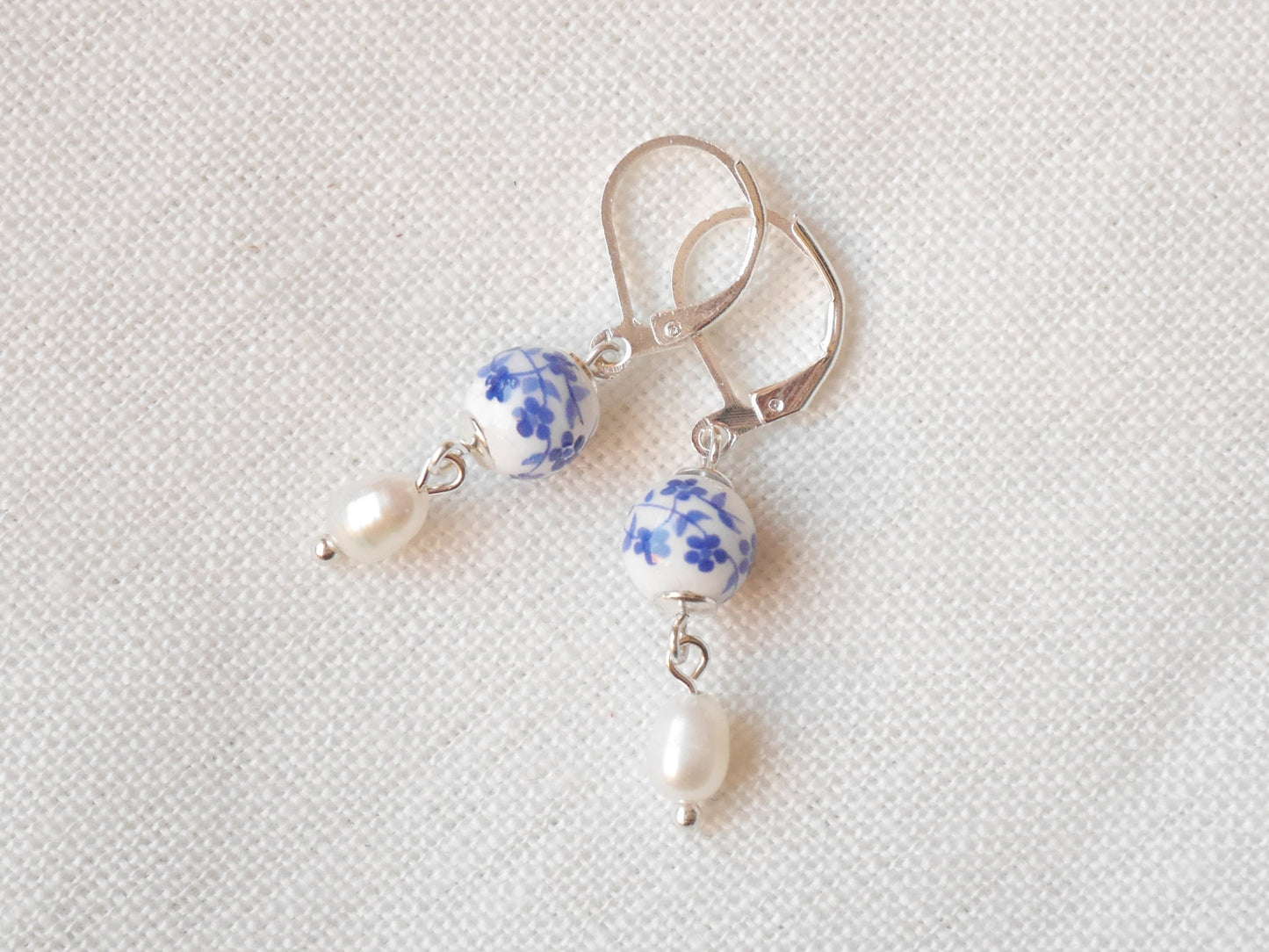 Blue porcelain pearl earrings | Dainty minimalist pearl earrings | Floral blue jewelry | Blue and white freshwater pearl drop earrings