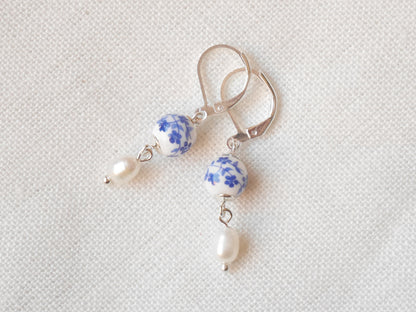Blue porcelain pearl earrings | Dainty minimalist pearl earrings | Floral blue jewelry | Blue and white freshwater pearl drop earrings