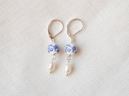 Blue porcelain pearl earrings | Dainty minimalist pearl earrings | Floral blue jewelry | Blue and white freshwater pearl drop earrings