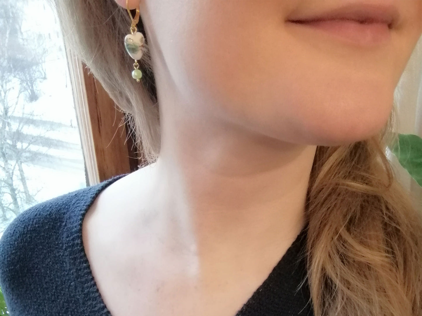 Dainty porcelain earrings | Ceramic heart earrings with light green freshwater pearl