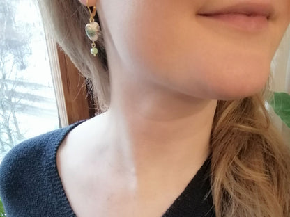 Dainty porcelain earrings | Ceramic heart earrings with light green freshwater pearl