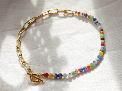 Half millefiori half chain necklace | Colorful beaded chain necklace | Millefiori necklace with chunky gold chain and colorful glass beads