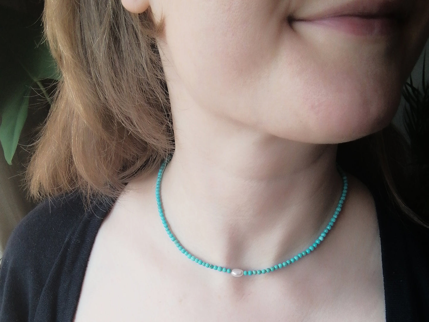 Turquoise beads necklace | Turquoise stone and freshwater pearl beaded necklace | Choker with small stone beads and genuine pearl