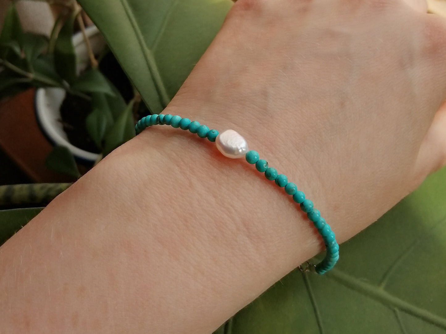 Turquoise beads bracelet | Beaded turquoise pearl bracelet | Small turquoise stone bracelet with genuine freshwater pearls | Gift for her