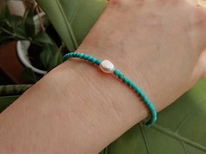 Turquoise beads bracelet | Beaded turquoise pearl bracelet | Small turquoise stone bracelet with genuine freshwater pearls | Gift for her