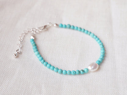 Turquoise beads bracelet | Beaded turquoise pearl bracelet | Small turquoise stone bracelet with genuine freshwater pearls | Gift for her