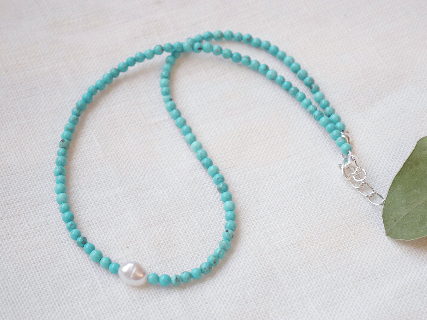 Turquoise beads necklace | Turquoise stone and freshwater pearl beaded necklace | Choker with small stone beads and genuine pearl