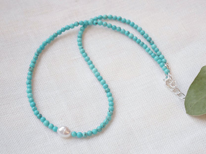 Turquoise beads necklace | Turquoise stone and freshwater pearl beaded necklace | Choker with small stone beads and genuine pearl