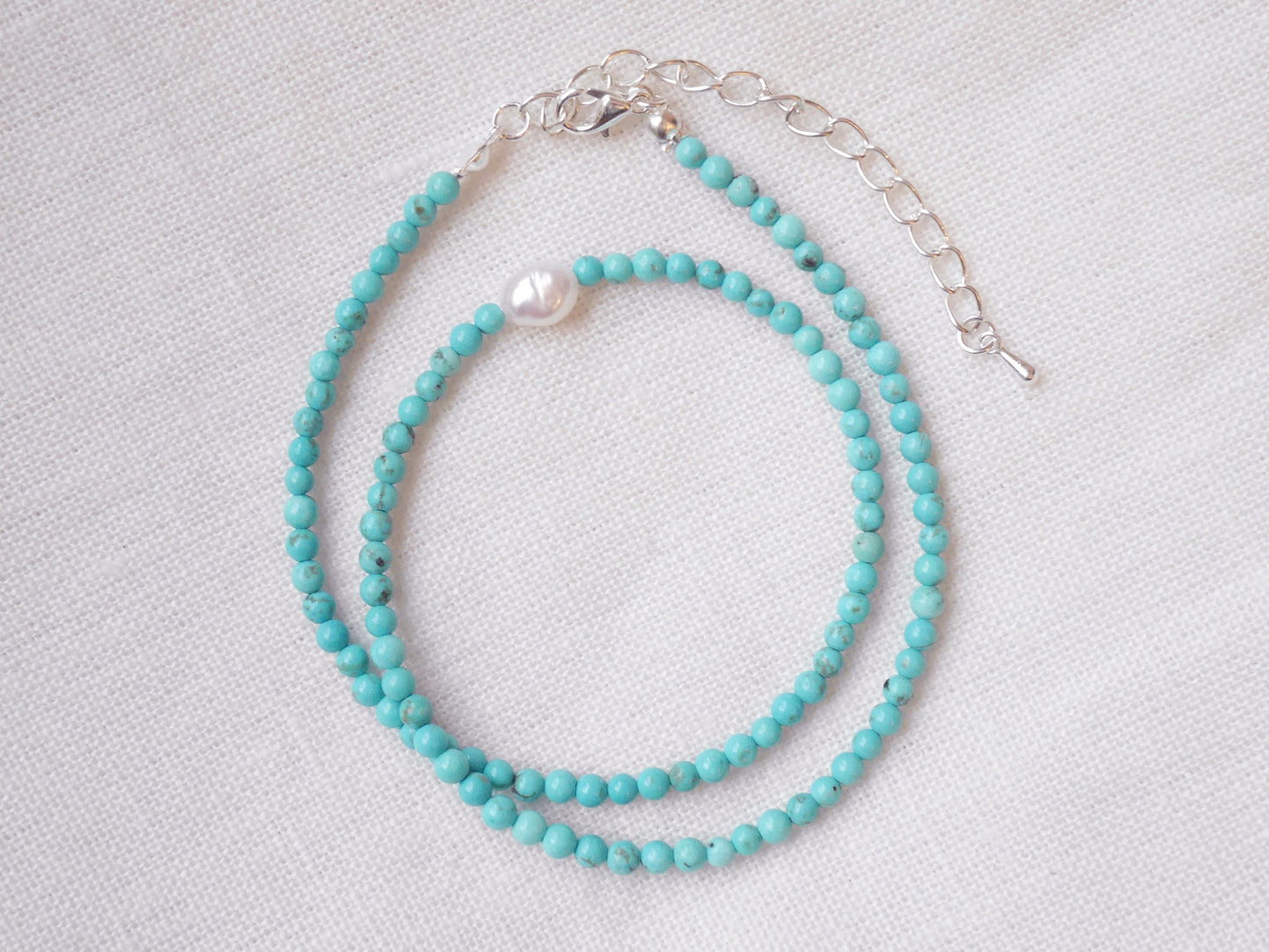 Turquoise beads necklace | Turquoise stone and freshwater pearl beaded necklace | Choker with small stone beads and genuine pearl