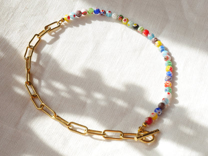Half millefiori half chain necklace | Colorful beaded chain necklace | Millefiori necklace with chunky gold chain and colorful glass beads