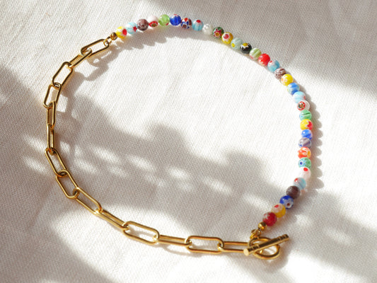 Half millefiori half chain necklace | Colorful beaded chain necklace | Millefiori necklace with chunky gold chain and colorful glass beads