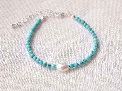 Turquoise beads bracelet | Beaded turquoise pearl bracelet | Small turquoise stone bracelet with genuine freshwater pearls | Gift for her