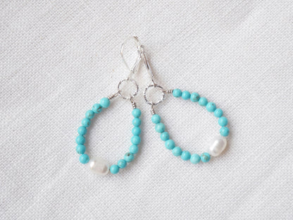 Turquoise hoop earrings | Turquoise stone earrings with freshwater pearls | Turquoise boho earrings | Summer earrings for vacation and beach