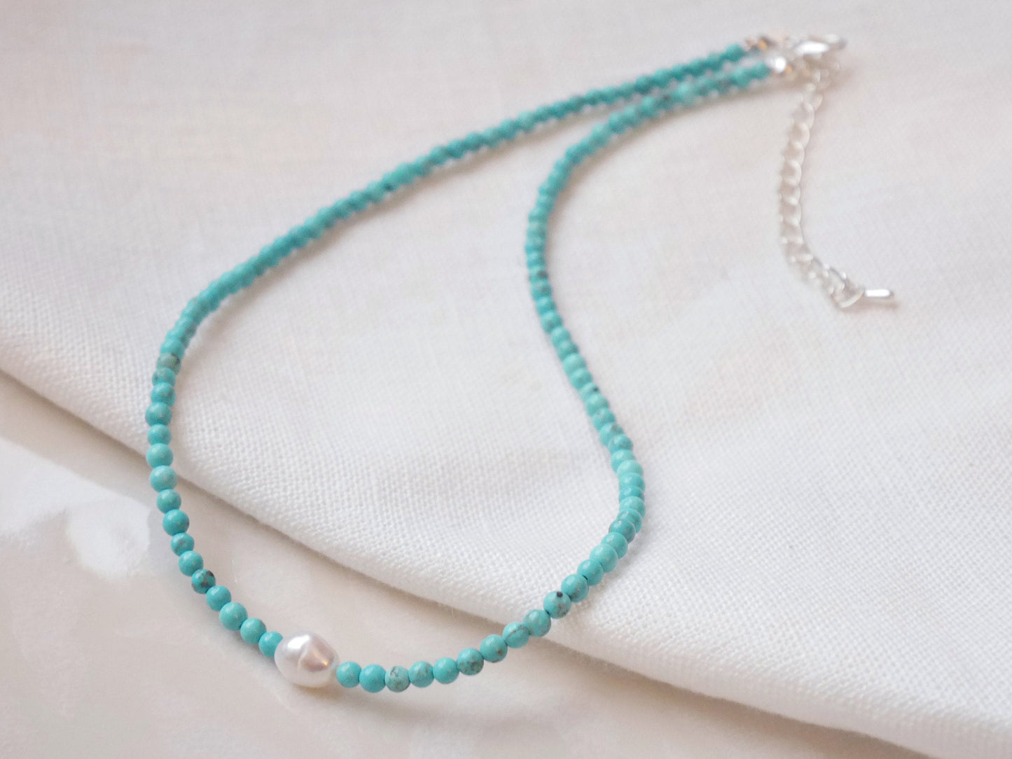 Turquoise beads necklace | Turquoise stone and freshwater pearl beaded necklace | Choker with small stone beads and genuine pearl
