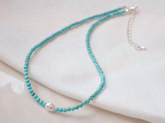 Turquoise beads necklace | Turquoise stone and freshwater pearl beaded necklace | Choker with small stone beads and genuine pearl