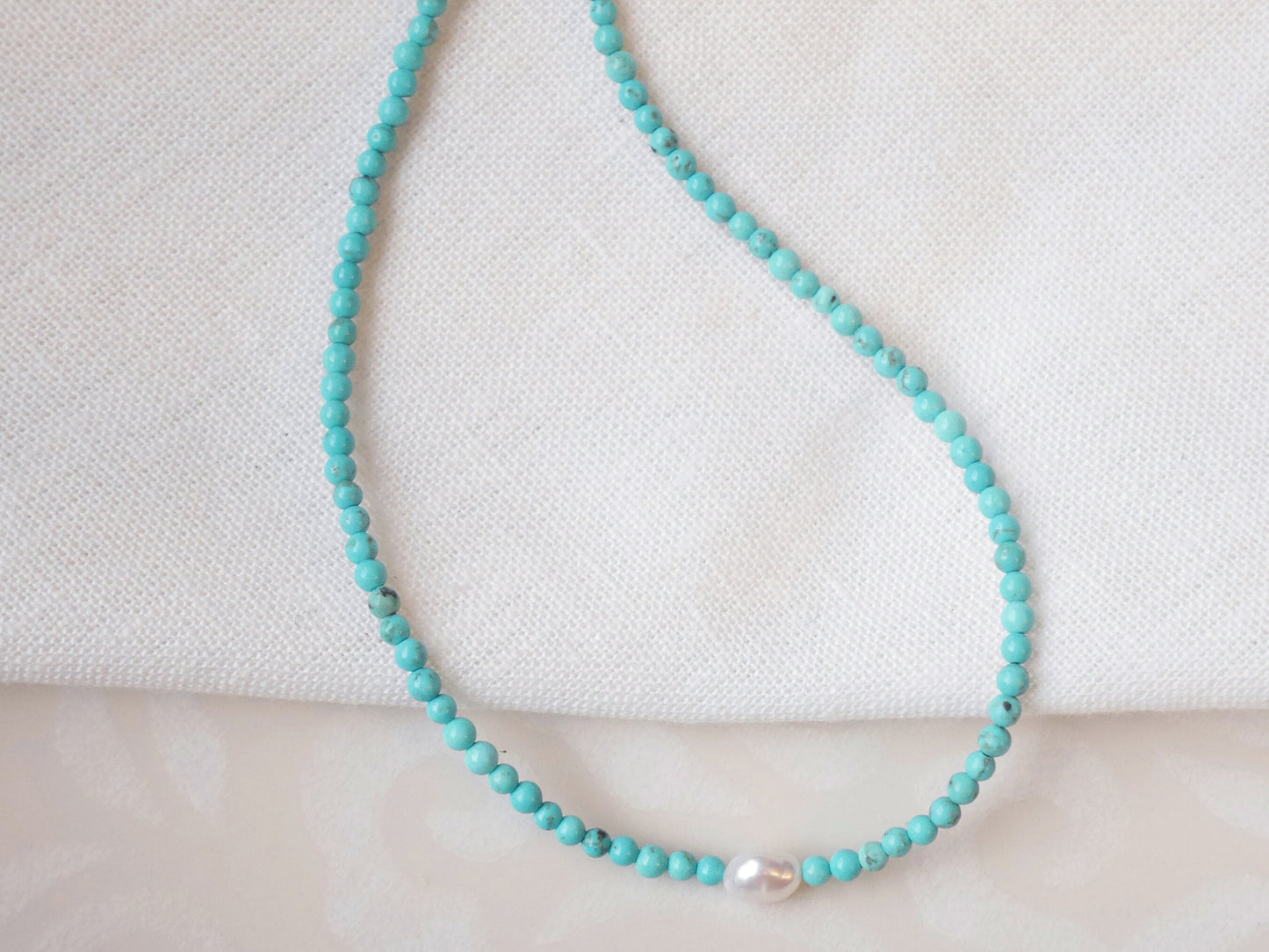 Turquoise beads necklace | Turquoise stone and freshwater pearl beaded necklace | Choker with small stone beads and genuine pearl