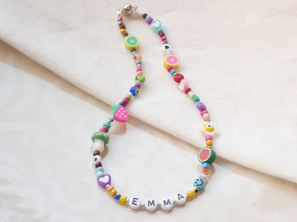 Colorful name necklace for girls | Beaded mixed bead necklace with custom name | Personalized beaded necklace for kids with magnetic closure