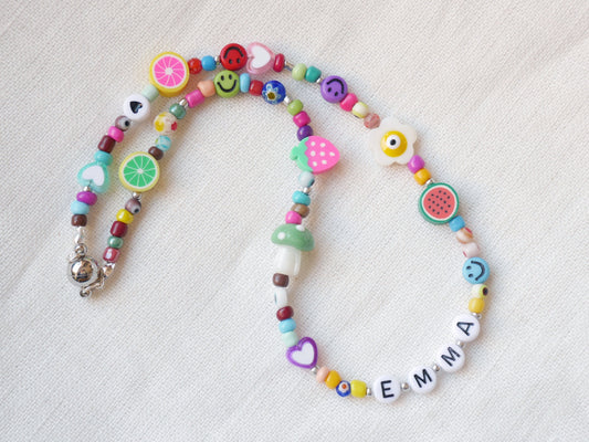 Colorful name necklace for girls | Beaded mixed bead necklace with custom name | Personalized beaded necklace for kids with magnetic closure