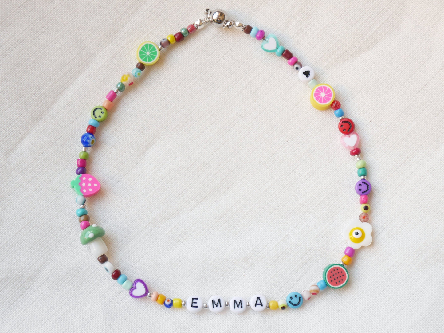 Colorful name necklace for girls | Beaded mixed bead necklace with custom name | Personalized beaded necklace for kids with magnetic closure