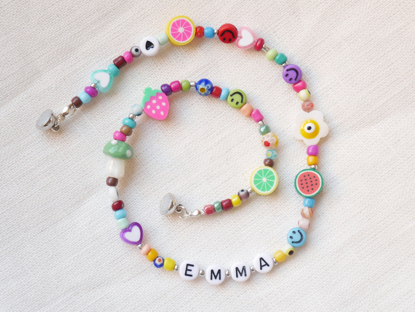 Colorful name necklace for girls | Beaded mixed bead necklace with custom name | Personalized beaded necklace for kids with magnetic closure