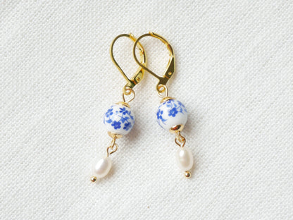 Blue porcelain pearl earrings | Dainty minimalist pearl earrings | Floral blue jewelry | Blue and white freshwater pearl drop earrings