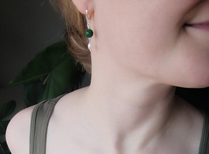 Gemstone pearl earrings | One natural stone drop earrings | Jade dangle earrings with genuine freshwater pearls  | Custom handmade gift