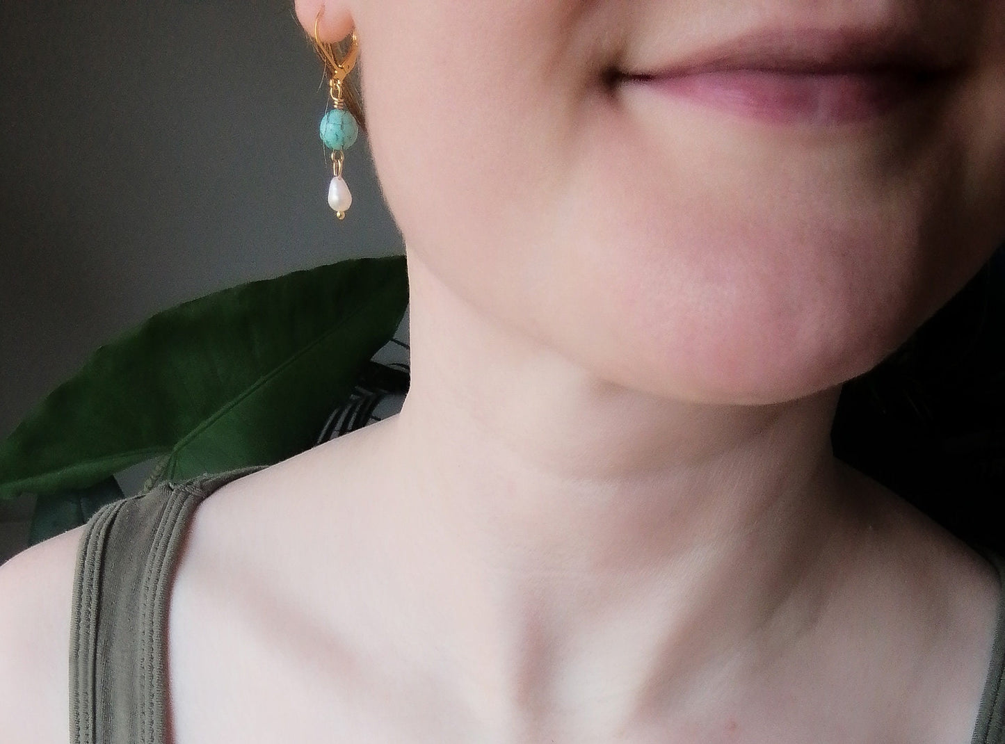 Gemstone pearl earrings | One natural stone drop earrings | Jade dangle earrings with genuine freshwater pearls  | Custom handmade gift