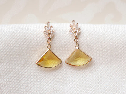 Elegant yellow fan art deco earrings – vintage bridal jewelry with glass pendant